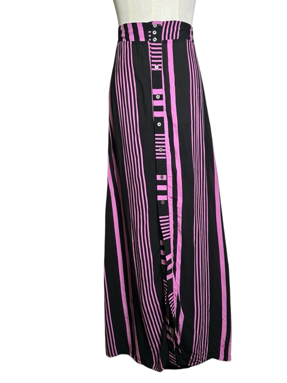 MAAJI Swim Coverup Small Striped Skirt Pink Black Beach Button Front Maxi Long